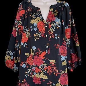 Sara Michelle Black and Red 3/4 Sleeve Mandarin Collar gold bottom Blouse